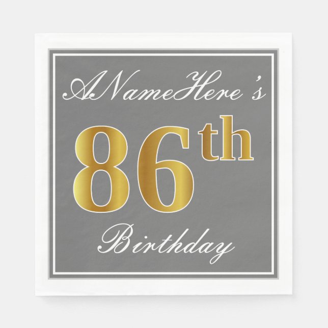 Elegant Gray, Faux Gold 86th Birthday; Custom Name Napkins (Front)