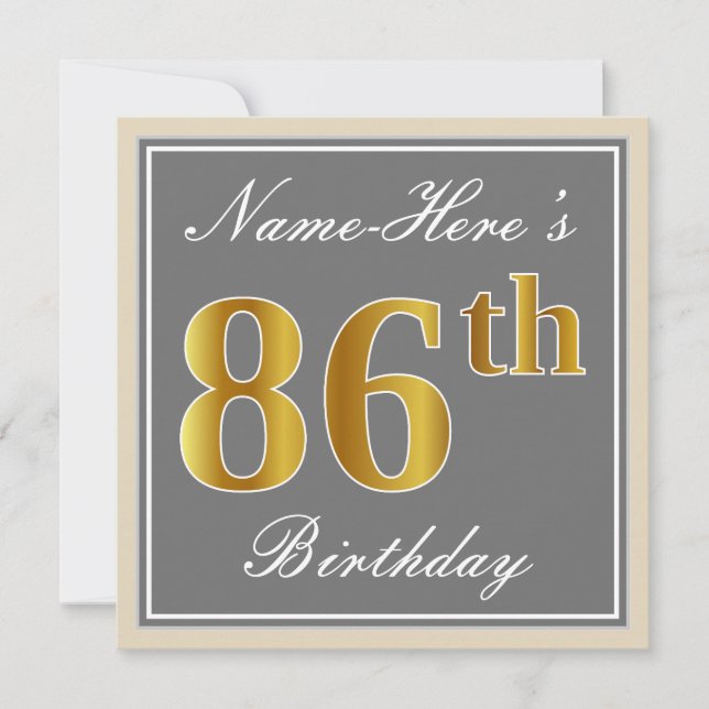 Elegant, Gray, Faux Gold 86th Birthday + Name Invitation (Front)