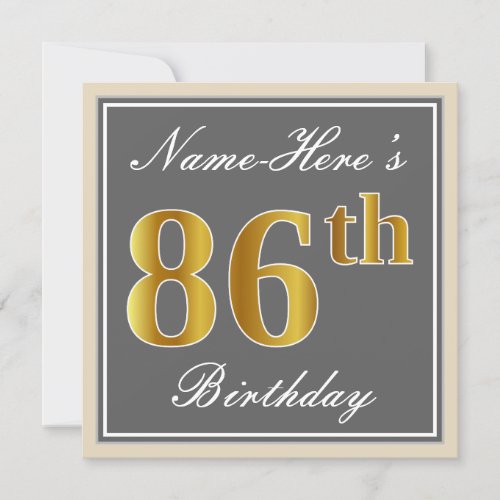 Elegant Gray Faux Gold 86th Birthday  Name Invitation