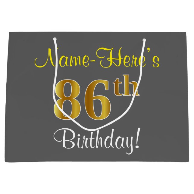 Elegant, Gray, Faux Gold 86th Birthday + Name Large Gift Bag (Front)
