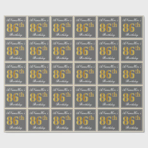 Elegant, Gray, Faux Gold 86th Birthday + Name Wrapping Paper
