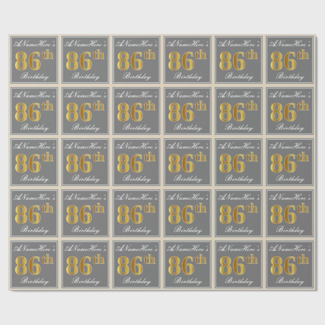 Elegant, Gray, Faux Gold 86th Birthday + Name Wrapping Paper (Flat)