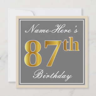 Elegant, Gray, Faux Gold 87th Birthday + Name Invitation