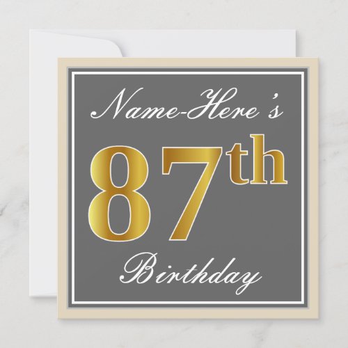 Elegant Gray Faux Gold 87th Birthday  Name Invitation