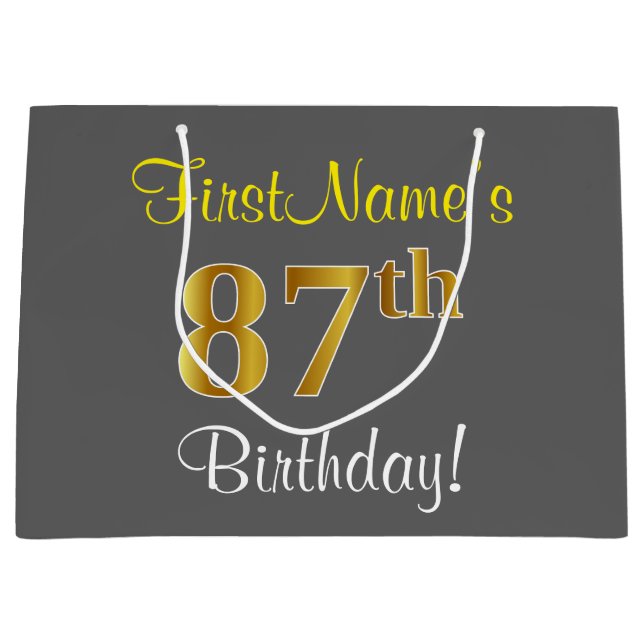 Elegant, Gray, Faux Gold 87th Birthday + Name Large Gift Bag (Front)