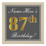 [ Thumbnail: Elegant, Gray, Faux Gold 87th Birthday + Name Poster ]