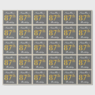 Elegant, Gray, Faux Gold 87th Birthday + Name Wrapping Paper