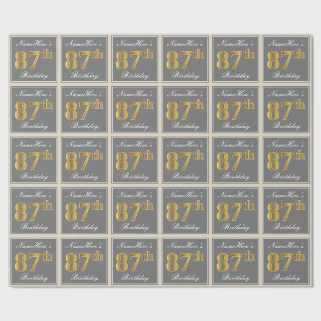 Elegant, Gray, Faux Gold 87th Birthday + Name Wrapping Paper (Flat)