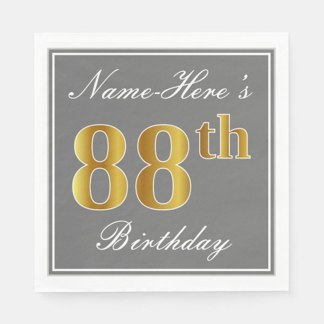 Elegant Gray, Faux Gold 88th Birthday; Custom Name Napkins (Front)