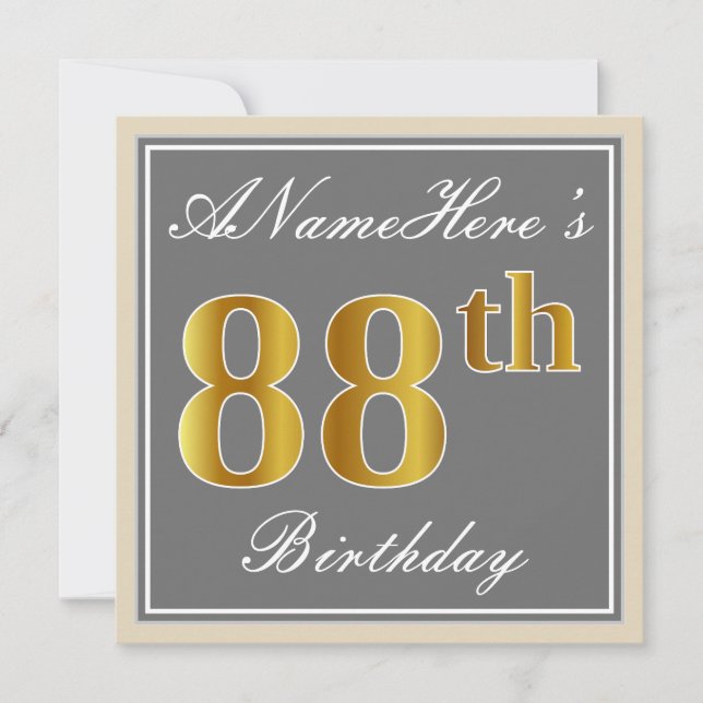 Elegant, Gray, Faux Gold 88th Birthday + Name Invitation (Front)