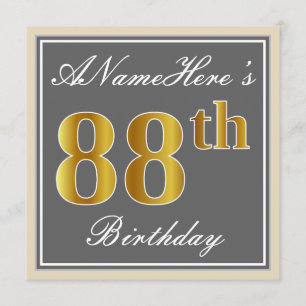 Elegant, Gray, Faux Gold 88th Birthday + Name Invitation
