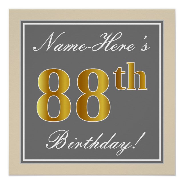 Elegant, Gray, Faux Gold 88th Birthday + Name Poster (Front)
