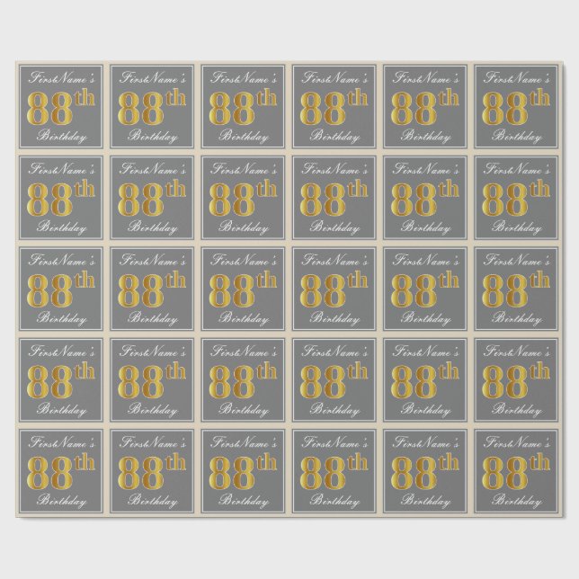 Elegant, Gray, Faux Gold 88th Birthday + Name Wrapping Paper (Flat)