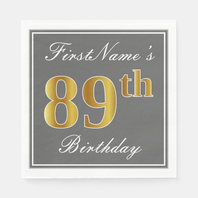Elegant Gray, Faux Gold 89th Birthday; Custom Name Paper Napkins (Front)