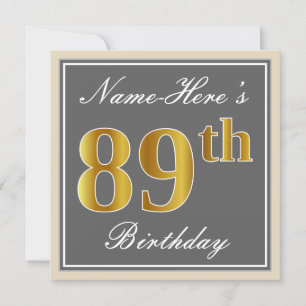 Elegant, Gray, Faux Gold 89th Birthday + Name Invitation
