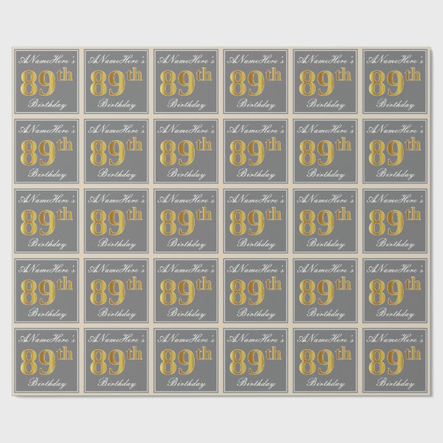Elegant, Gray, Faux Gold 89th Birthday + Name Wrapping Paper (Flat)