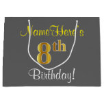 [ Thumbnail: Elegant, Gray, Faux Gold 8th Birthday; Custom Name Gift Bag ]