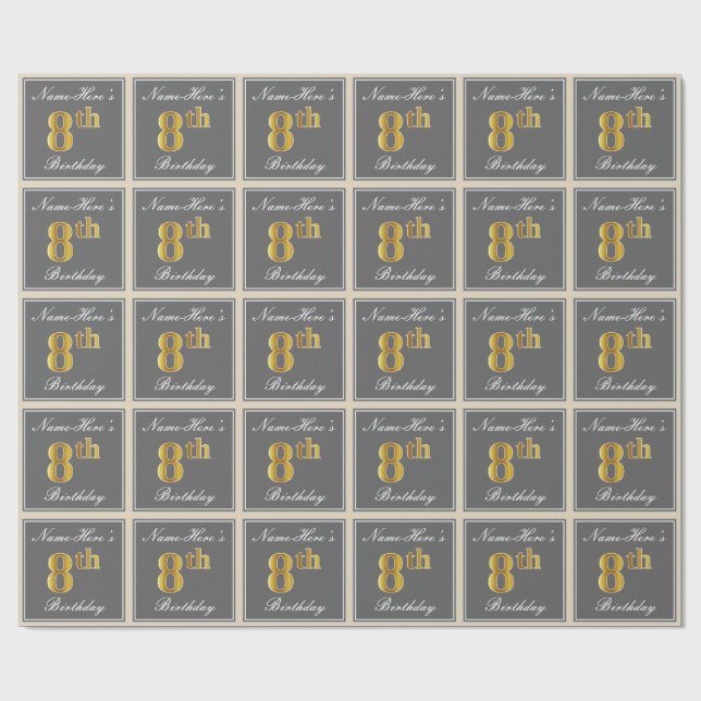 Elegant, Gray, Faux Gold 8th Birthday; Custom Name Wrapping Paper (Flat)
