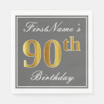 [ Thumbnail: Elegant Gray, Faux Gold 90th Birthday; Custom Name Napkins ]