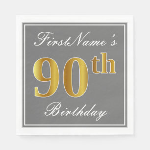 Elegant Gray, Faux Gold 90th Birthday; Custom Name Paper Napkins