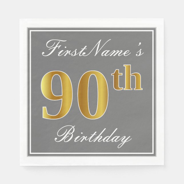 Elegant Gray, Faux Gold 90th Birthday; Custom Name Paper Napkins (Front)