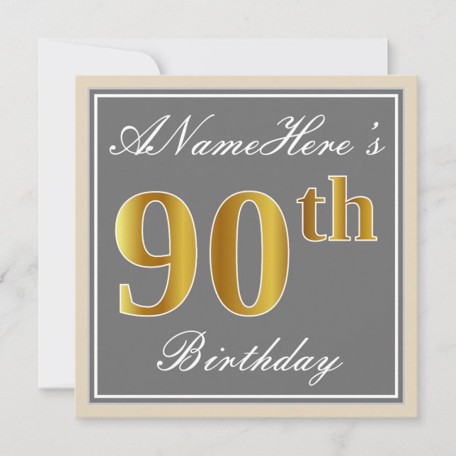 Elegant, Gray, Faux Gold 90th Birthday + Name Invitation (Front)