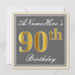 [ Thumbnail: Elegant, Gray, Faux Gold 90th Birthday + Name Invitation ]