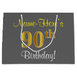 [ Thumbnail: Elegant, Gray, Faux Gold 90th Birthday + Name Gift Bag ]