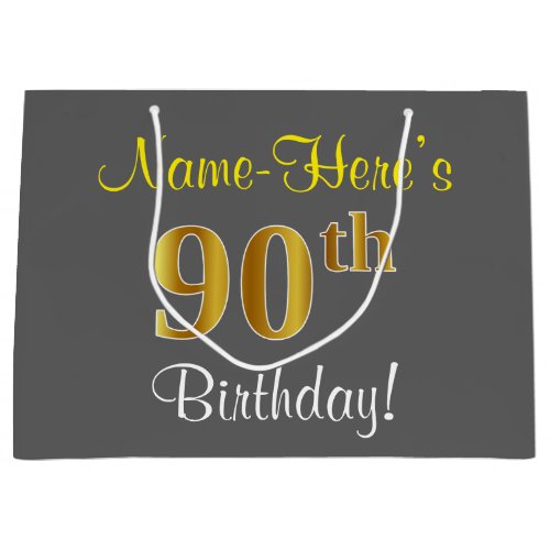 Elegant Gray Faux Gold 90th Birthday  Name Large Gift Bag