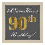 [ Thumbnail: Elegant, Gray, Faux Gold 90th Birthday + Name Poster ]