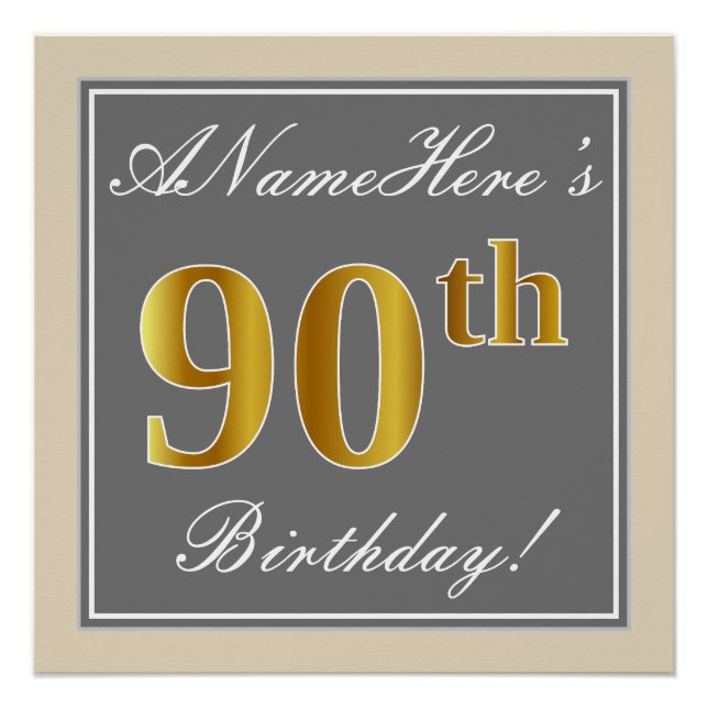 Elegant, Gray, Faux Gold 90th Birthday + Name Poster (Front)