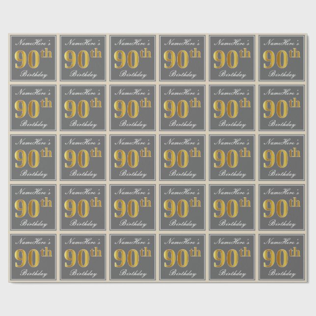 Elegant, Gray, Faux Gold 90th Birthday + Name Wrapping Paper (Flat)