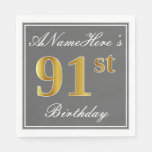 [ Thumbnail: Elegant Gray, Faux Gold 91st Birthday; Custom Name Napkins ]