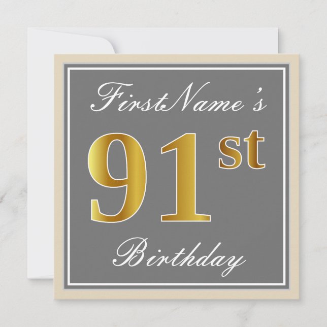 Elegant, Gray, Faux Gold 91st Birthday + Name Invitation (Front)