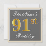 [ Thumbnail: Elegant, Gray, Faux Gold 91st Birthday + Name Invitation ]