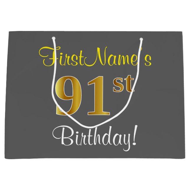 Elegant, Gray, Faux Gold 91st Birthday + Name Large Gift Bag (Front)