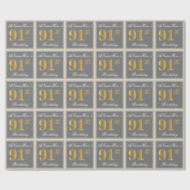 Elegant, Gray, Faux Gold 91st Birthday + Name Wrapping Paper (Flat)