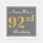 [ Thumbnail: Elegant Gray, Faux Gold 92nd Birthday; Custom Name Napkins ]