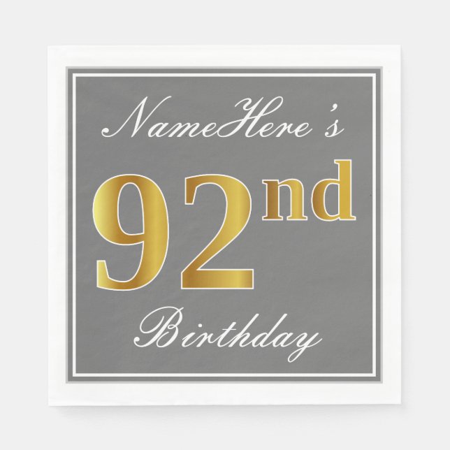 Elegant Gray, Faux Gold 92nd Birthday; Custom Name Napkins (Front)