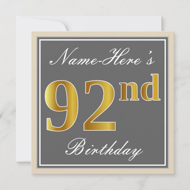 Elegant, Gray, Faux Gold 92nd Birthday + Name Invitation (Front)