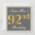 [ Thumbnail: Elegant, Gray, Faux Gold 92nd Birthday + Name Invitation ]