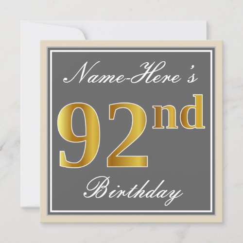 Elegant Gray Faux Gold 92nd Birthday  Name Invitation