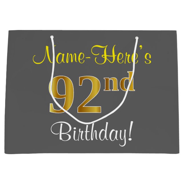 Elegant, Gray, Faux Gold 92nd Birthday + Name Large Gift Bag (Front)