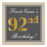 [ Thumbnail: Elegant, Gray, Faux Gold 92nd Birthday + Name Poster ]