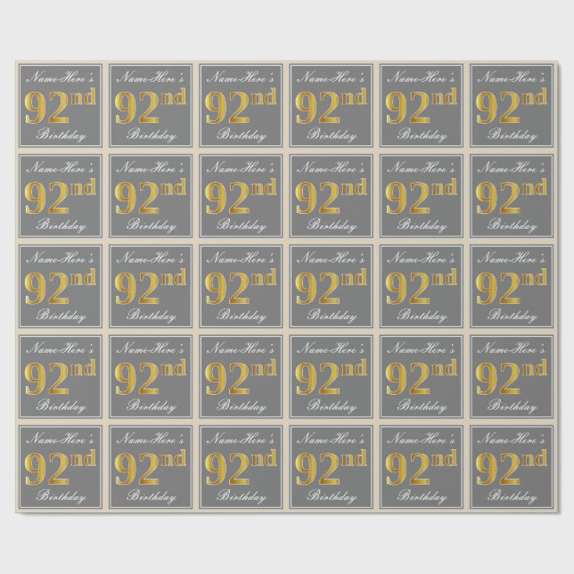 Elegant, Gray, Faux Gold 92nd Birthday + Name Wrapping Paper (Flat)