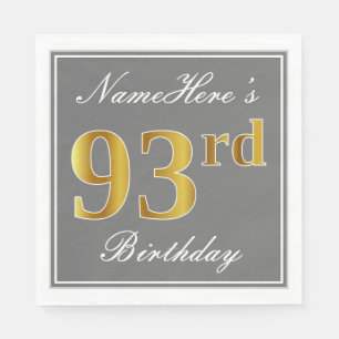 Elegant Gray, Faux Gold 93rd Birthday; Custom Name Paper Napkins