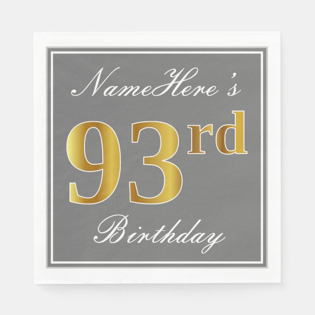 Elegant Gray, Faux Gold 93rd Birthday; Custom Name Paper Napkins (Front)