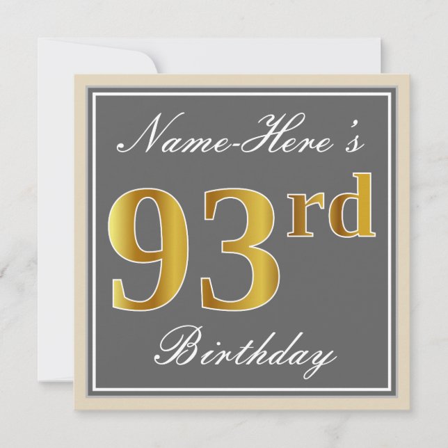 Elegant, Gray, Faux Gold 93rd Birthday + Name Invitation (Front)