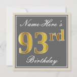 [ Thumbnail: Elegant, Gray, Faux Gold 93rd Birthday + Name Invitation ]
