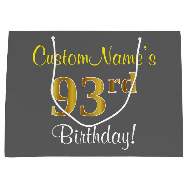 Elegant, Gray, Faux Gold 93rd Birthday + Name Large Gift Bag (Front)